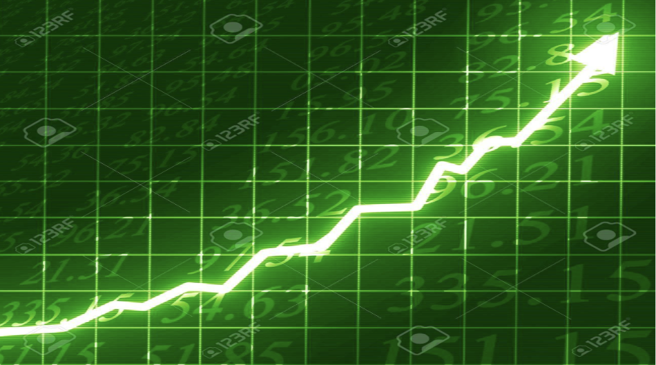 stock market: arrow graph going up on a green background